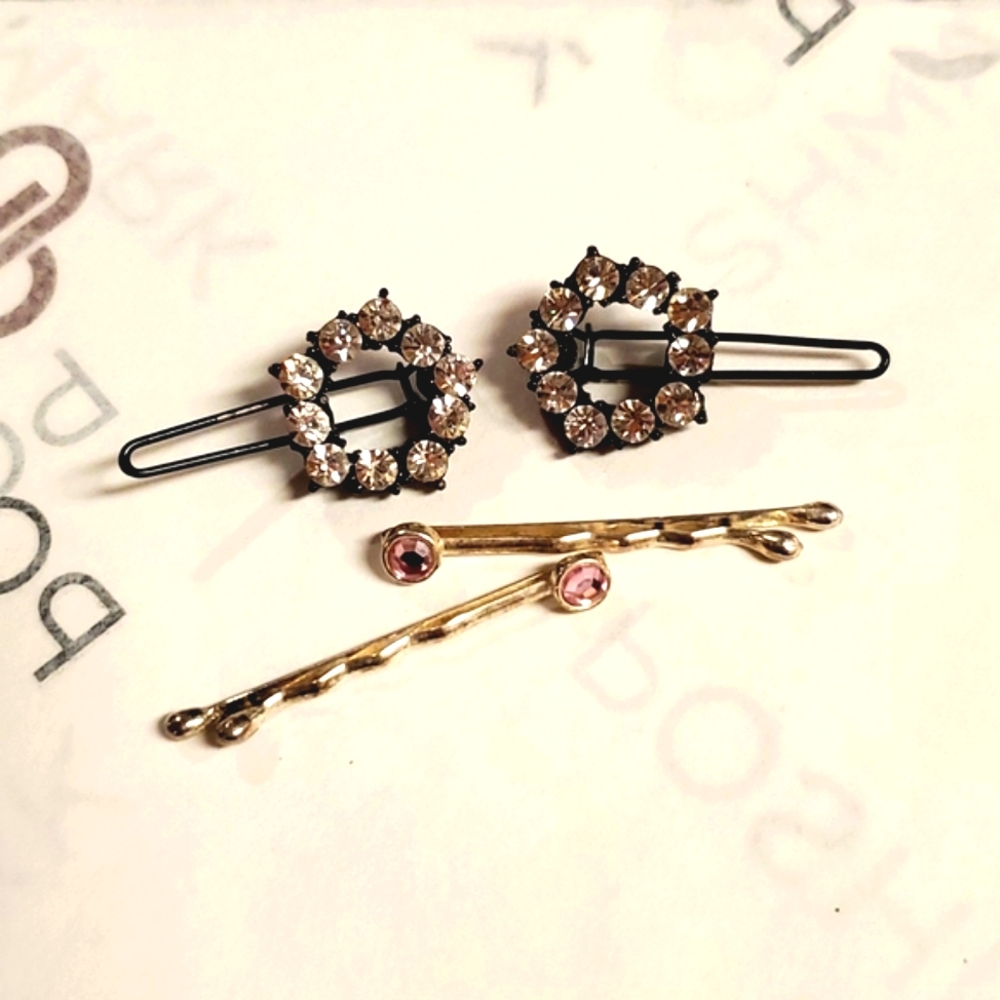 2 parts of rhinestone embellished bobby hair pins pink and clear prom wedding
